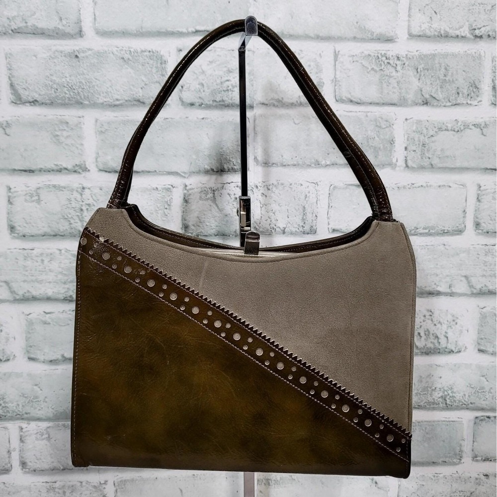 Vintage Lennox Olive Green Taupe Faux‎ Leather Suede Patchwork Handbag 60s Mod
